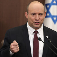 Prime Minister Naftali Bennett chairs a cabinet meeting at the Prime Minister's Office in Jerusalem, June 19, 2022. (Abir Sultan/Pool Photo via AP)