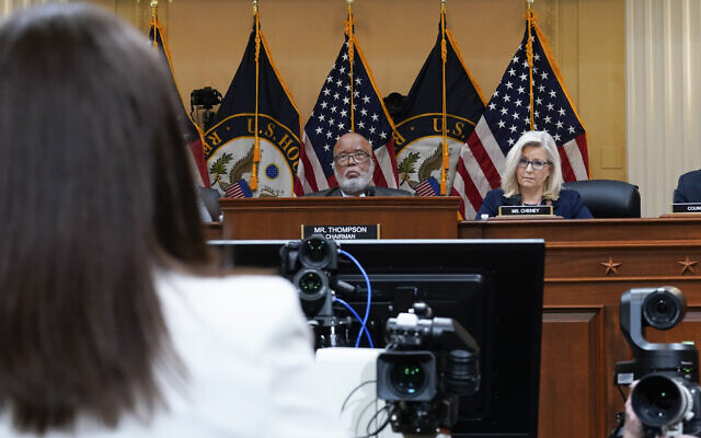 Chairman Bennie Thompson, D-Miss., and Vice Chair Liz Cheney, R-Wyo., listen as Cassidy Hutchinson, former aide to Trump White House chief of staff Mark Meadows, testifies as the House select committee investigating the January 6 attack on the US Capitol holds a hearing at the Capitol in Washington, Tuesday, June 28, 2022. (AP Photo/J. Scott Applewhite)