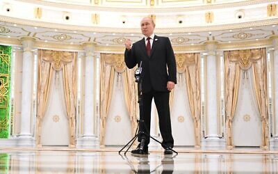 Russian President Vladimir Putin speaks to the media after the summit of Caspian Sea littoral states in Ashgabat, Turkmenistan, June 30, 2022. (Dmitry Azarov, Sputnik, Kremlin Pool Photo via AP)