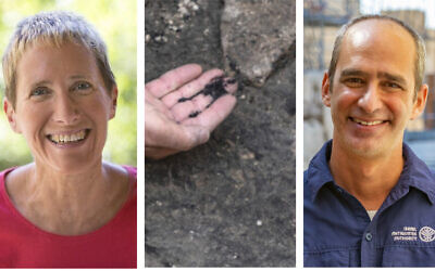 From left: Prof. Jodi Magness (George Duffield © J3D US LP); Ashes from the 586 BCE destruction of Jerusalem by the Babylonians at the excavation site in the City of David Park in Jerusalem. (Shai Halevi/Israel Antiquities Authority); Dr. Joe Uziel (courtesy Israel Antiquities Authority)