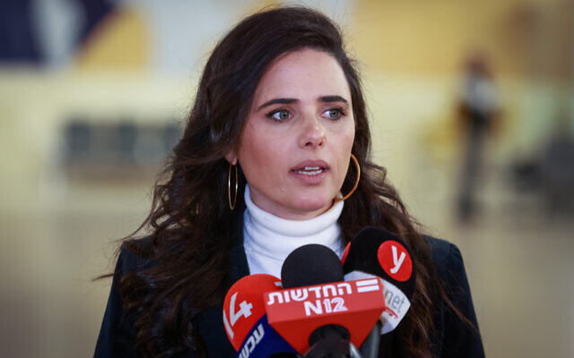Illustrative: Interior Minister Ayelet Shaked at a press conference at Ben Gurion Airport, March 13, 2022. (Roy Alima/Flash90)