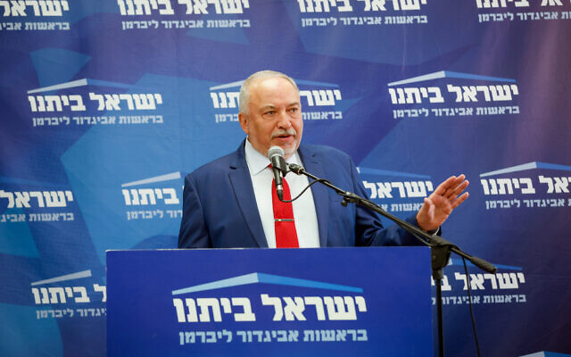 Finance Minister Avigdor Liberman speaks during a Yisrael Beytenu faction meeting at the Knesset on May 30, 2022. (Olivier Fitoussi/Flash90)
