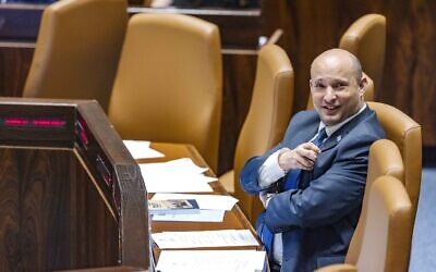 Israeli Prime Minister Naftali Bennett attends a discussion and a vote on The vote on the "Flag Bill" at the Knesset, the Israeli parliament in Jerusalem on June 1, 2022 (Olivier Fitoussi/Flash90)
