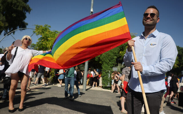 Yesh Atid MK Yorai Lahav Hertzano takes part in the annual Gay Pride Parade in Jerusalem, on June 2, 2022. (Yonatan Sindel/Flash90)