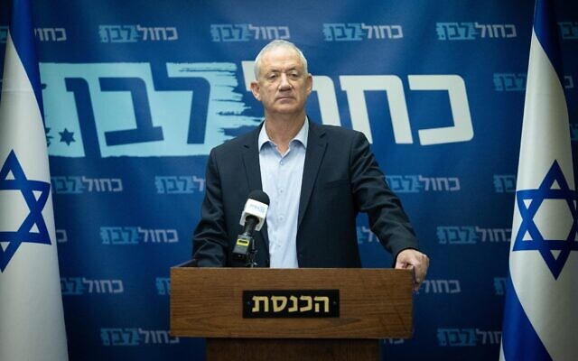 Defense Minister Benny Gantz leads a Blue and White faction meeting at the Knesset on June 6, 2022. (Yonatan Sindel/Flash90)