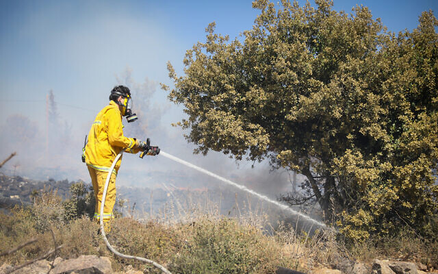 Firefighters try to extinguish a forest fire blazing near Kiryat Anavim, outside of Jerusalem, on June 8, 2022. (Noam Revkin Fenton/FLASH90)