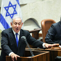 Opposition leader Benjamin Netanyahu adresses the Knesset on June 13, 2022. (Yonatan Sindel/Flash90)