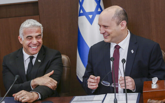 Israeli Prime Minister Naftali Bennett leads a cabinet meeting at the Prime Minister's Office in Jerusalem on June 19, 2022. (Alex Kolomoisky/POOL)