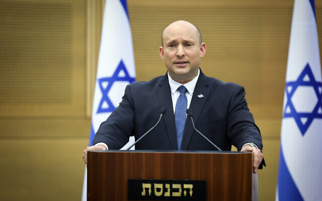 Prime Minister Naftali Bennett speaks at a press conference at the Knesset in Jerusalem on June 20, 2022. (Yonatan Sindel/ FLASH90)
