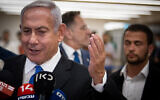 Leader of the Opposition and head of the Likud party Benjamin Netanyahu gives a statement to the media at the Knesset, the Israeli parliament in Jerusalem on June 20, 2022. (Yonatan Sindel/Flash90)