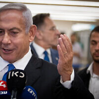 Leader of the Opposition and head of the Likud party Benjamin Netanyahu gives a statement to the media at the Knesset, the Israeli parliament in Jerusalem on June 20, 2022. (Yonatan Sindel/Flash90)