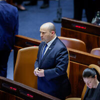 Prime Minister Naftali Bennett during a discussion and a vote on a bill to dissolve the Knesset on June 22, 2022 (Olivier Fitoussi/Flash90)