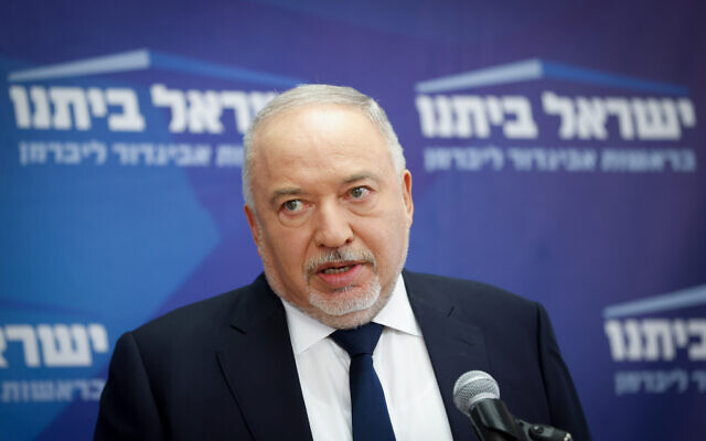 Finance Minister Avigdor Liberman speaks during a faction meeting at the Knesset on June 27, 2022 (Olivier Fitoussi/Flash90)
