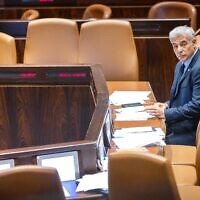 Minister of Foreign Affairs Yair Lapid during a discussion and a vote on a bill to dissolve the Knesset, on June 27, 2022. (Olivier Fitoussi/Flash90)