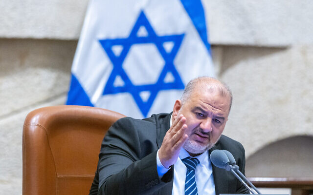 Ra'am leader Mansour Abbas speaks at the Knesset plenum hall, June 29, 2022. (Olivier Fitoussi/Flash90)