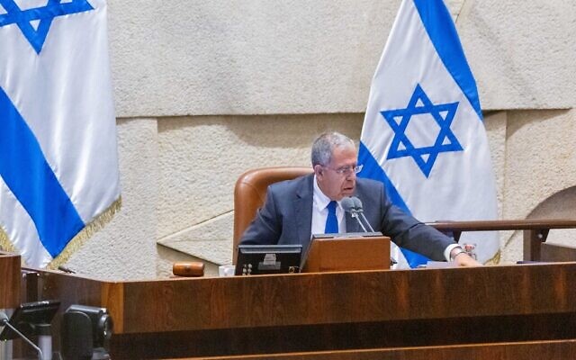 Knesset Speaker Mickey Levy is seen during voting to dissolve parliament for new elections, on June 30, 2022. (Olivier Fitoussi/Flash90)