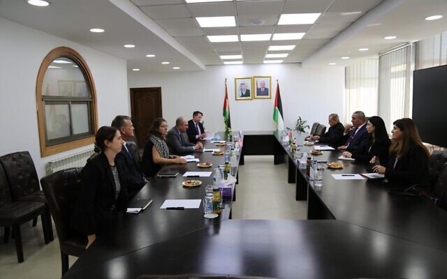 US Deputy Assistant Secretary of State for Israeli and Palestinian Affairs Hady Amr (second from top left) leads an American delegation meeting with Palestinian Authority Civil Affairs Minister Hussein al-Sheikh (second from top right) in Ramallah on June 9, 2022. (Hussein al-Sheikh/Twitter)