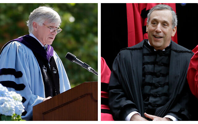 Left: Columbia University president Lee Bollinger speaks during a graduation ceremony in New York, May 17, 2017. (AP Photo/Seth Wenig, File); Harvard President Lawrence Bacow sitting for a photograph before joining a procession though Harvard Yard at the start of Harvard University commencement exercises, May 30, 2019, in Cambridge, Mass. (AP Photo/Steven Senne)