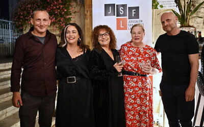 Israeli and American TV creators from left, Noah Stollman, Dafna Levine, Ronit Weiss, Jill Condon and Hagai Levi, at the start of the Sam Spiegel Series Lab  in June 2022 (Courtesy Sam Spiegel)