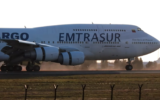 Illustrative: An Emtrasur Cargo Boeing 747 lands in Belgrade on February 24, 2022. (Screen capture/YouTube)