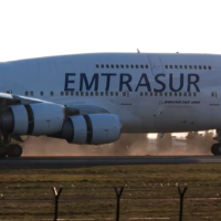Illustrative: An Emtrasur Cargo Boeing 747 lands in Belgrade on February 24, 2022. (Screen capture/YouTube)
