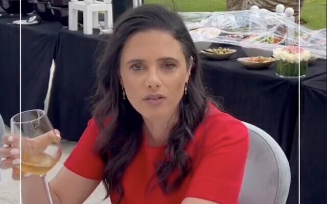 Interior Minister Ayelet Shaked speaks in a video statement filmed from Morocco on June 20, 2022. (Screen capture: Instagram)