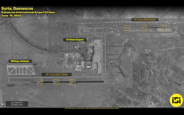 This photo released by ImageSat International on June 10, 2022, shows Syria's Damascus International Airport after an airstrike attributed to Israel (ImageSat International)