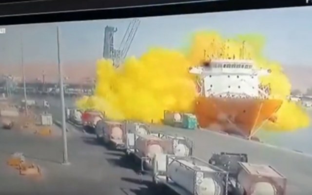 An image taken from a security camera video showing the explosion and the poisonous gas leak that followed in Jordan’s southern port city of Aqaba, June 27, 2022. (Screenshot/Twitter)