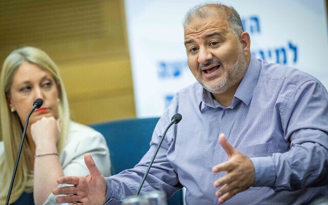 Ra'am party leader Mansour Abbas attends a discussion on violence in the Arab community on May 23, 2022. (Yonatan Sindel/ Flash90)