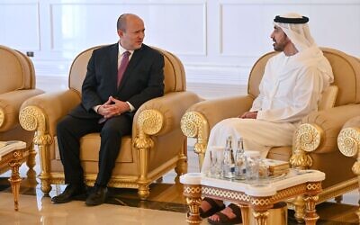 Prime Minister Naftali Bennett (left) meets with UAE Foreign Minister Abdullah bin Zayed al Nahyan in Abu Dhabi, June 9, 2022 (Kobi Gideon/GPO)