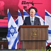 Defense Minister Benny Gantz speaks in the northern town of Kiryat Shmona marking 40 years since the outbreak of the First Lebanon War, June 22, 2022. (Ariel Hermoni/Defense Ministry)