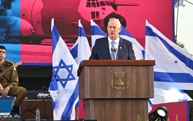 Defense Minister Benny Gantz speaks in the northern town of Kiryat Shmona marking 40 years since the outbreak of the First Lebanon War, June 22, 2022. (Ariel Hermoni/Defense Ministry)