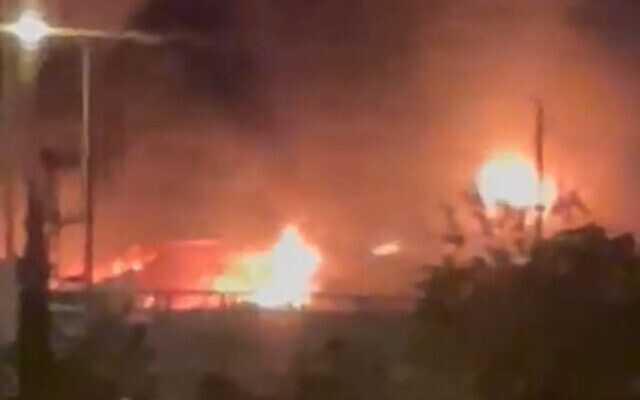 An industrial complex on fire in Haifa, June 26, 2022 (Screen grab/Kan public broadcaster)