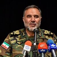 The commander of the Iranian military's ground forces, Kiumars Heydari, speaks to the press in an undated photo (screenshot)