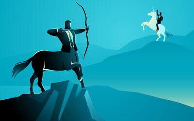 An illustration of a centaur businessman and a businessman riding a unicorn. (rudall30  via iStock by Getty Images)