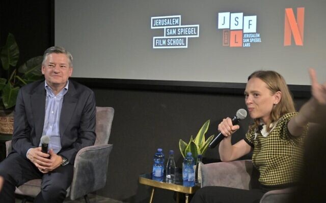 Netflix CEO Ted Sarandos (left) with actress Shira Haas during a conversation at Jerusalem's Sam Spiegel School of Film and Television (Courtesy Sam Spiegel)