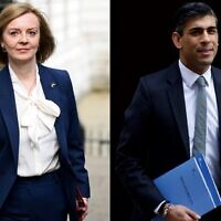 This combination of pictures created on July 12, 2022 shows Britain's Foreign Secretary Liz Truss arriving to attend the weekly Cabinet meeting at 10 Downing Street, in London, on April 19, 2022, and Britain's then-chancellor of the exchequer Rishi Sunak leaving the 11 Downing Street, in London, on March 23, 2022. (Daniel Leal and Tolga Akmen/AFP)