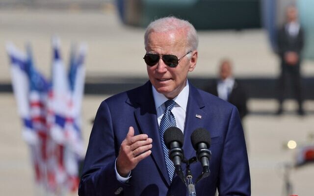 S President Joe Biden delivers a statement upon his arrival at Israel’s Ben Gurion Airport, on July 13, 2022. (Jack Guez/AFP)