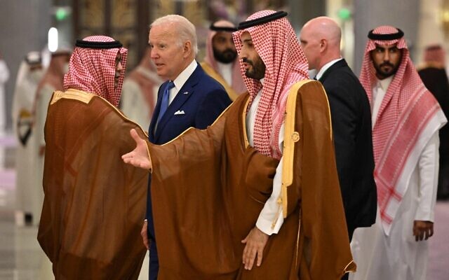 US President Joe Biden (C-L) and Saudi Crown Prince Mohammed bin Salman (C) arrive for the family photo during the Jeddah Security and Development Summit (GCC+3) at a hotel in Saudi Arabia's Red Sea coastal city of Jeddah on July 16, 2022. (Mandel Ngan/Pool/AFP)