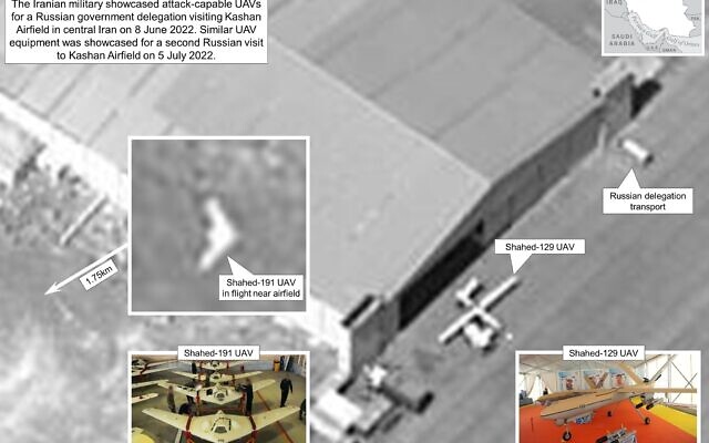 Satellite images of a Russian delegation visiting a showcasing of Shahed-191 and Shahed-129 drones at Iran's Kashan Airfield released by the White House on July 16, 2022. (White House)