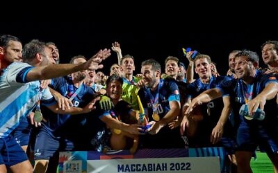 Argentina's 35-plus soccer squad celebrates winning gold at the Maccabiah Games in Israel. (Courtesy of FACCMA/via JTA)