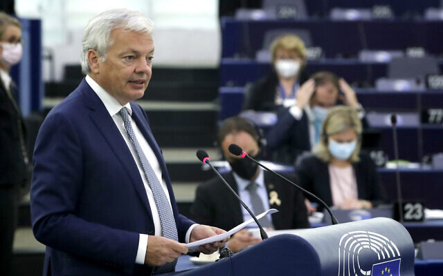 European Commissioner for Justice Didier Reynders speaks during a plenary session at the European Parliament in Strasbourg, France, September 15, 2021. (Yves Herman, Pool via AP)