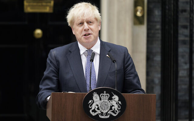 Prime Minister Boris Johnson reads a resignation statement outside 10 Downing Street, London, July 7, 2022. (AP Photo/Alberto Pezzali)
