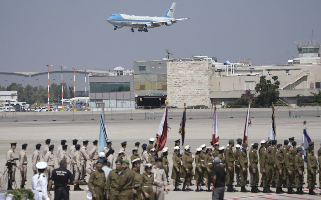 Air Force One, carrying US President Joe Biden, lands at the Ben Gurion airport near Tel Aviv, Israel, July 13, 2022 (AP Photo/Ariel Schalit)