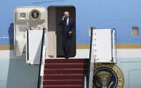 President Joe Biden walks down the steps of Air Force One upon his arrival at Ben Gurion International Airport near Tel Aviv, Israel Wednesday, July 13, 2022. (AP/Ariel Schalit)