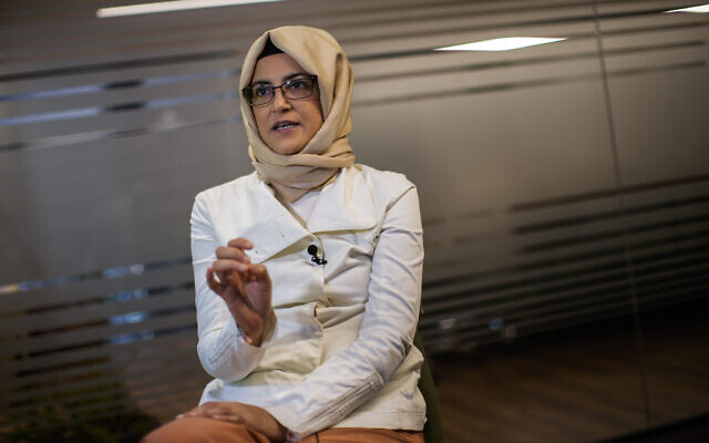 Hatice Cengiz, the fiancee of murdered Saudi journalist Jamal Kashoggi, gives an interview to The Associated Press in Istanbul, Turkey, July 14, 2022. (AP Photo/Francisco Seco)