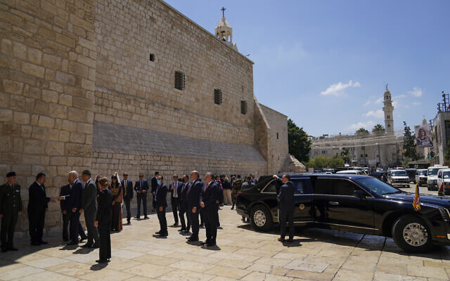 US President Joe Biden arrives for a visit at the Church of the Nativity, traditionally believed to be the birthplace of Jesus Christ, at the West Bank town of Bethlehem, Friday, July 15, 2022. (AP/Evan Vucci)