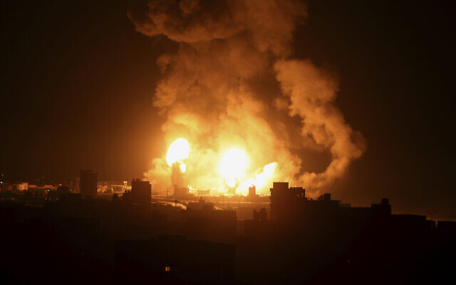 A view of an explosion caused by Israeli airstrikes in Gaza City, July 16, 2022. (AP Photo/Mohammed Ali)