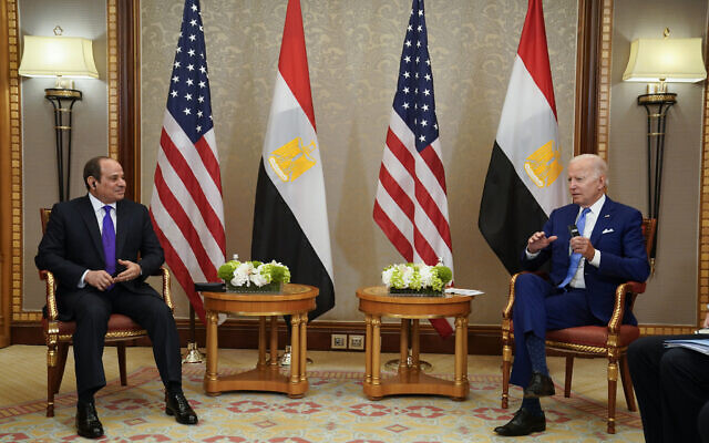 US President Joe Biden meets with Egyptian President Abdel Fattah el-Sissi, Saturday, July 16, 2022, in Jeddah, Saudi Arabia. (AP Photo/Evan Vucci)
