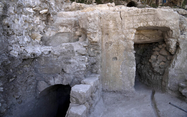 The site of a Jewish ritual bath or mikveh, left, discovered near the Western Wall in the Old City of Jerusalem, July 17, 2022 (AP Photo/Maya Alleruzzo)